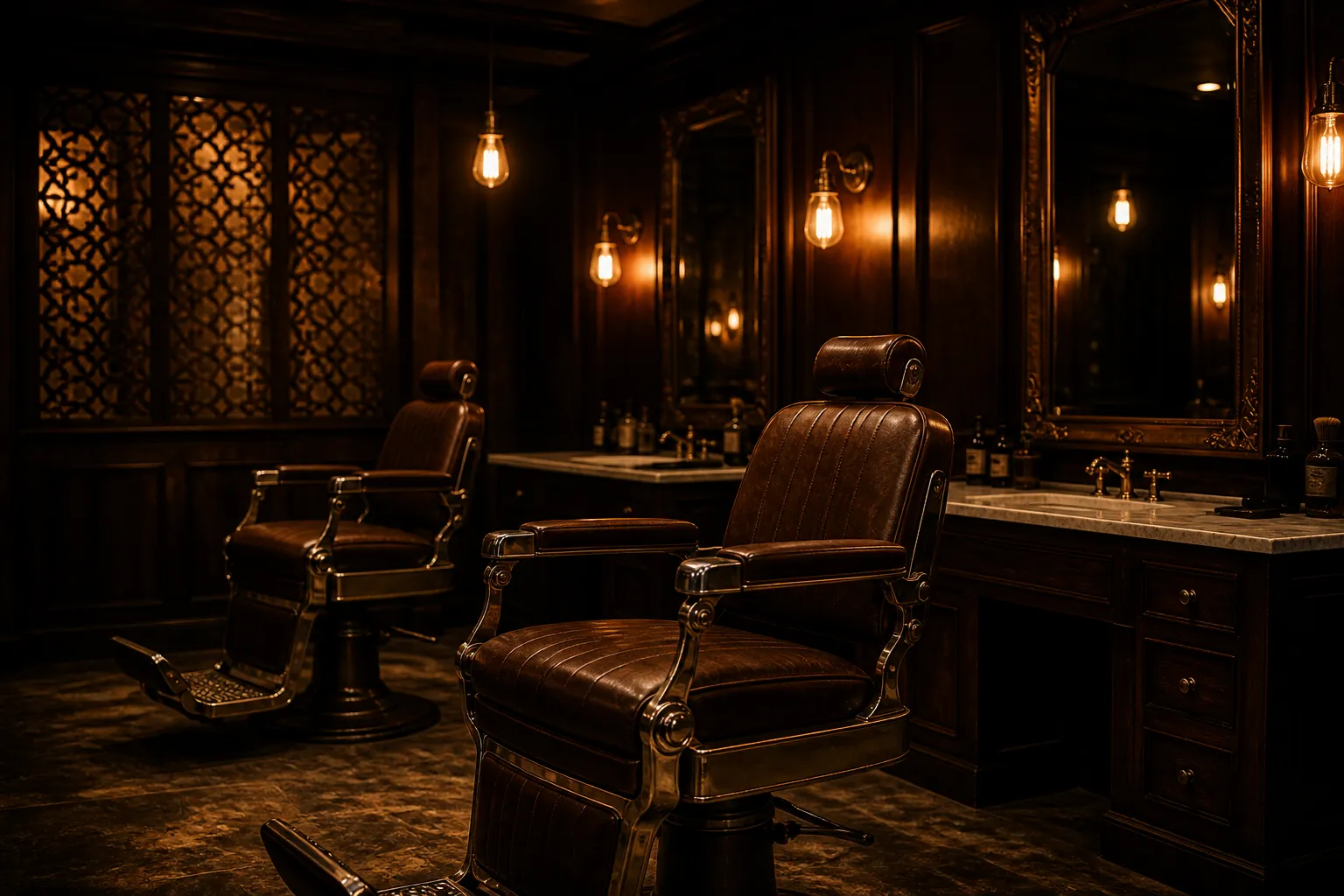 Das Interieur mit Ledersesseln und Messinglampen