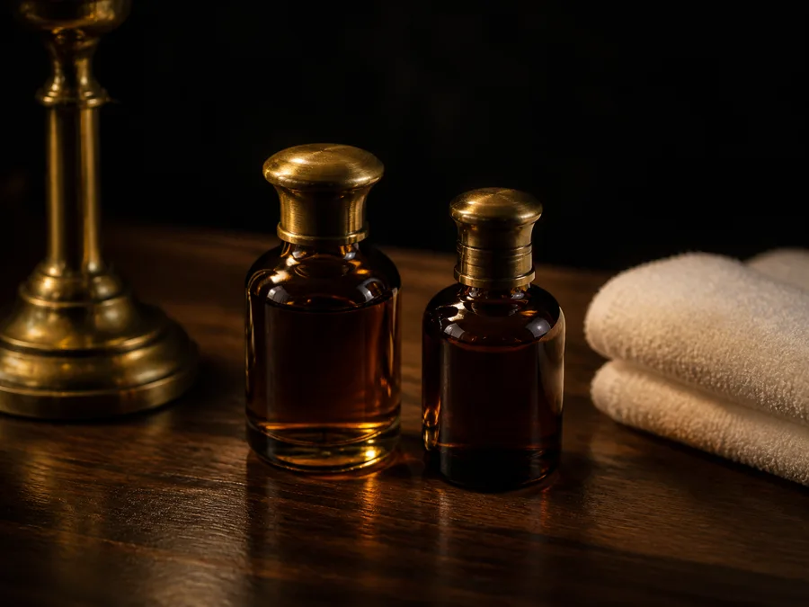 Bartöl und Oud-Parfüm in Apothekerfläschchen
