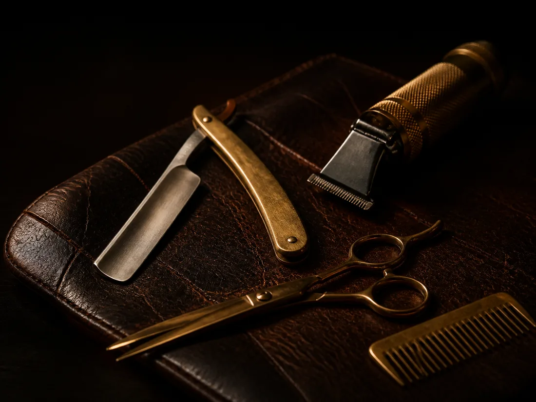 Rasiermesser, Schere und Trimmer auf Leder